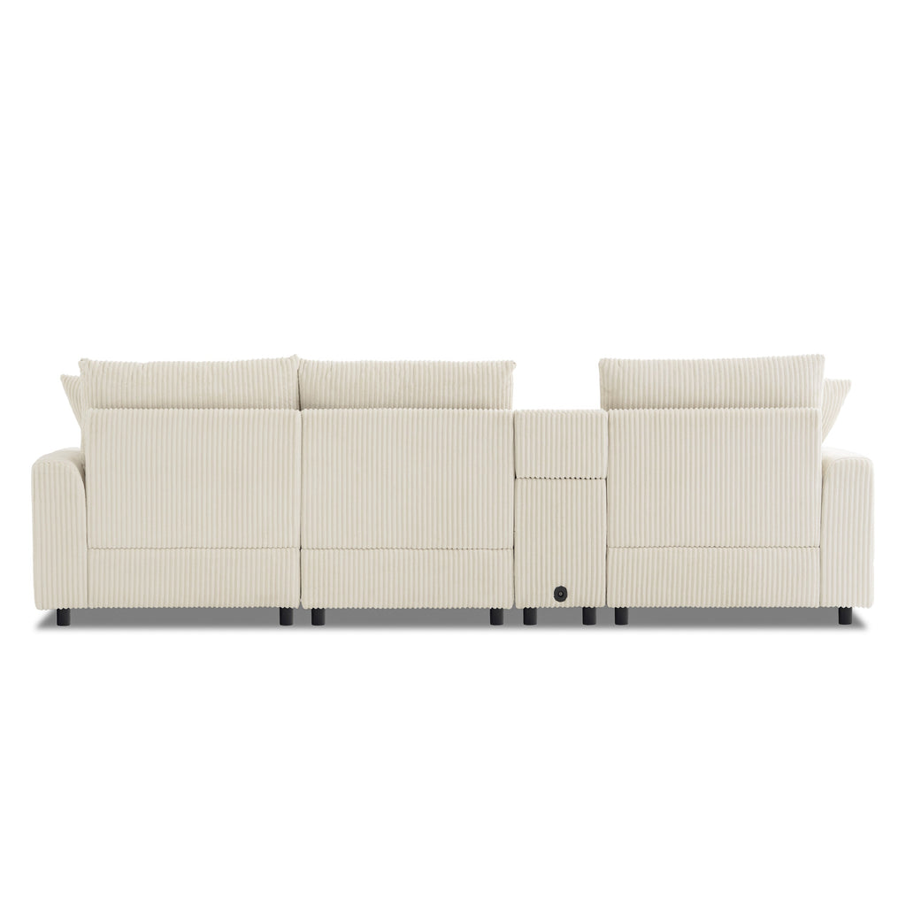 Modular Corduroy Sectional Sofa with Bluetooth Speakers, USB Charger, Cup Holders, Storage, Ottoman, 114*64'' Cream