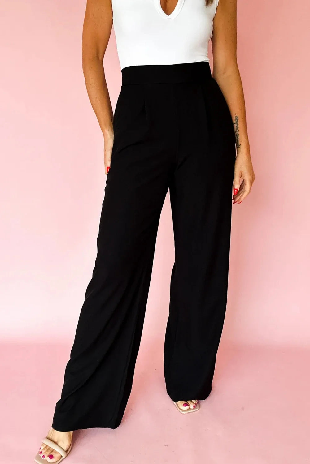Solid Pleated Pull-On Straight Leg Pants