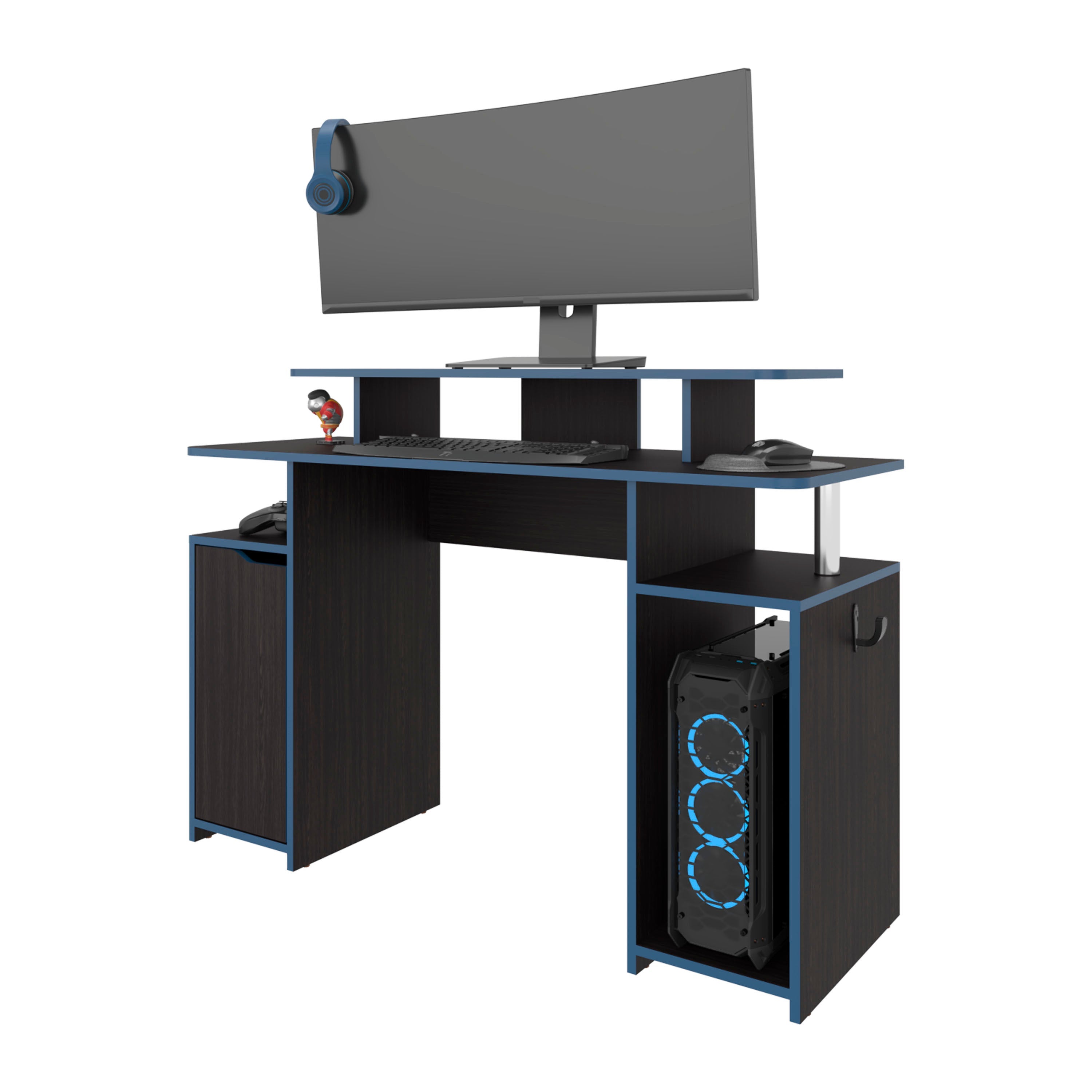 FM FURNITURE Lol Minimalist Gaming Desk with Elevated Monitor Shelf. Blue Accents