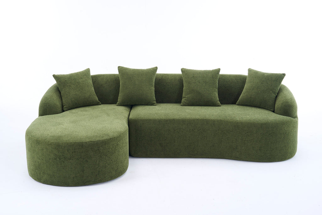 Compression Sponge L-Shape Sectional Sofa with Curved Chaise, Green Modular Chenille Couch No Assembly Required, 30D High-Density for Living Room Bedroom Apartment Lounge.