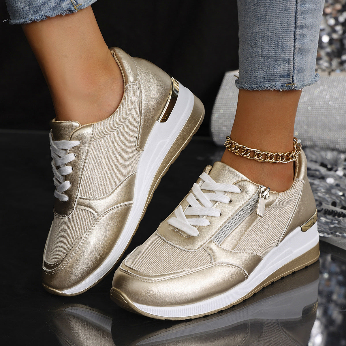 Women's Lace-up Side Zip Design Thick-soled Casual Shoes Sneakers