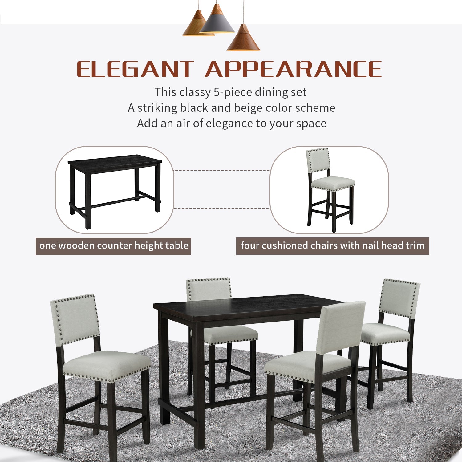 TREXM Classic Elegant 5-Piece Counter Height Dining Set with Table and 4 Chairs in Espresso and Beige