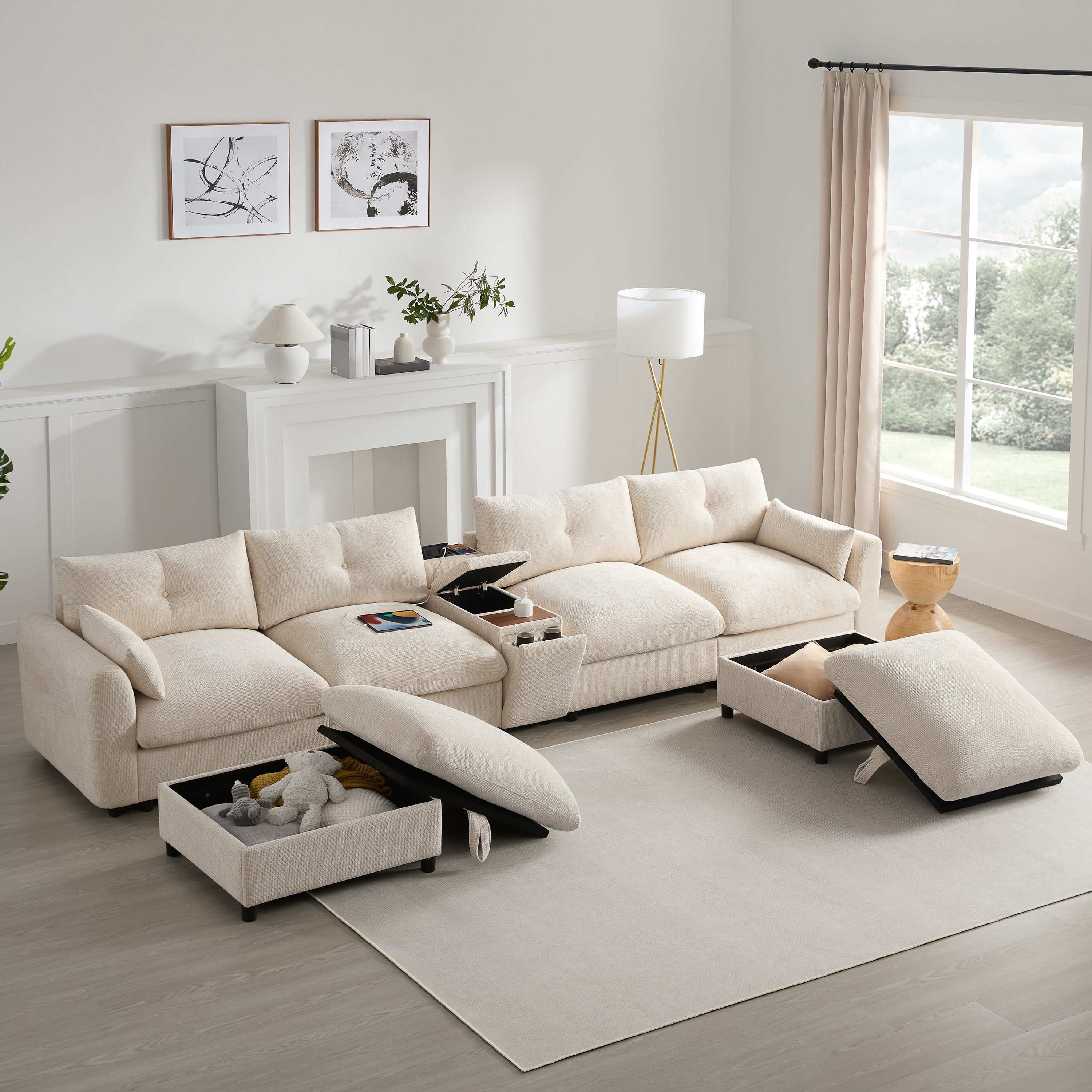 [VIDEO+NEW]142'' Modular Sectional Sofa with Movable Storage Ottoman and Console,Cup Holder,Wide Seat,6 Seat U Shaped Couch,Oversized Chenille Sofa with USB Charger for Living Room,Apartment,2 Colors