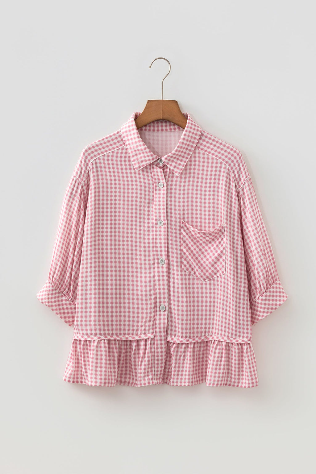 Gingham Plaid 3/4 Sleeve Ruffle Buttoned Shirt