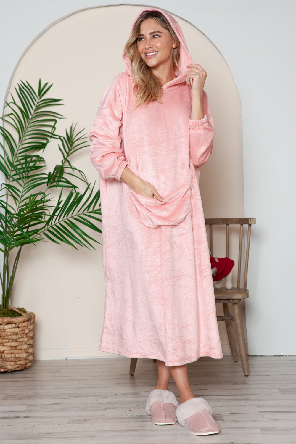 Double Take Full Size Pocketed Hooded Midi Lounge Night Gown