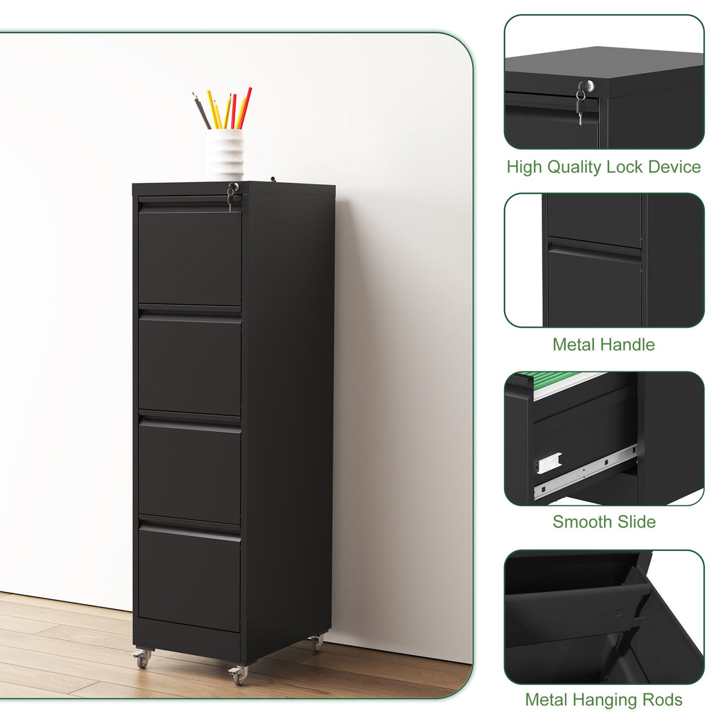 Black Heavy-Duty Metal 4 Drawer Locking Vertical File Cabinet with Wheels for Home & Office, 17.71'D x 15.16'W x 52.28'H