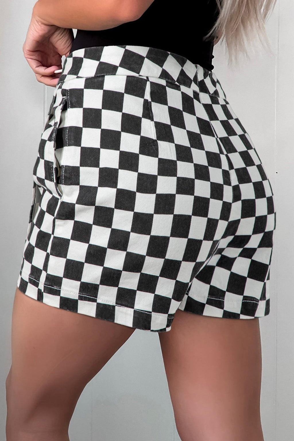 Checker Denim Pocketed Overlap Skort