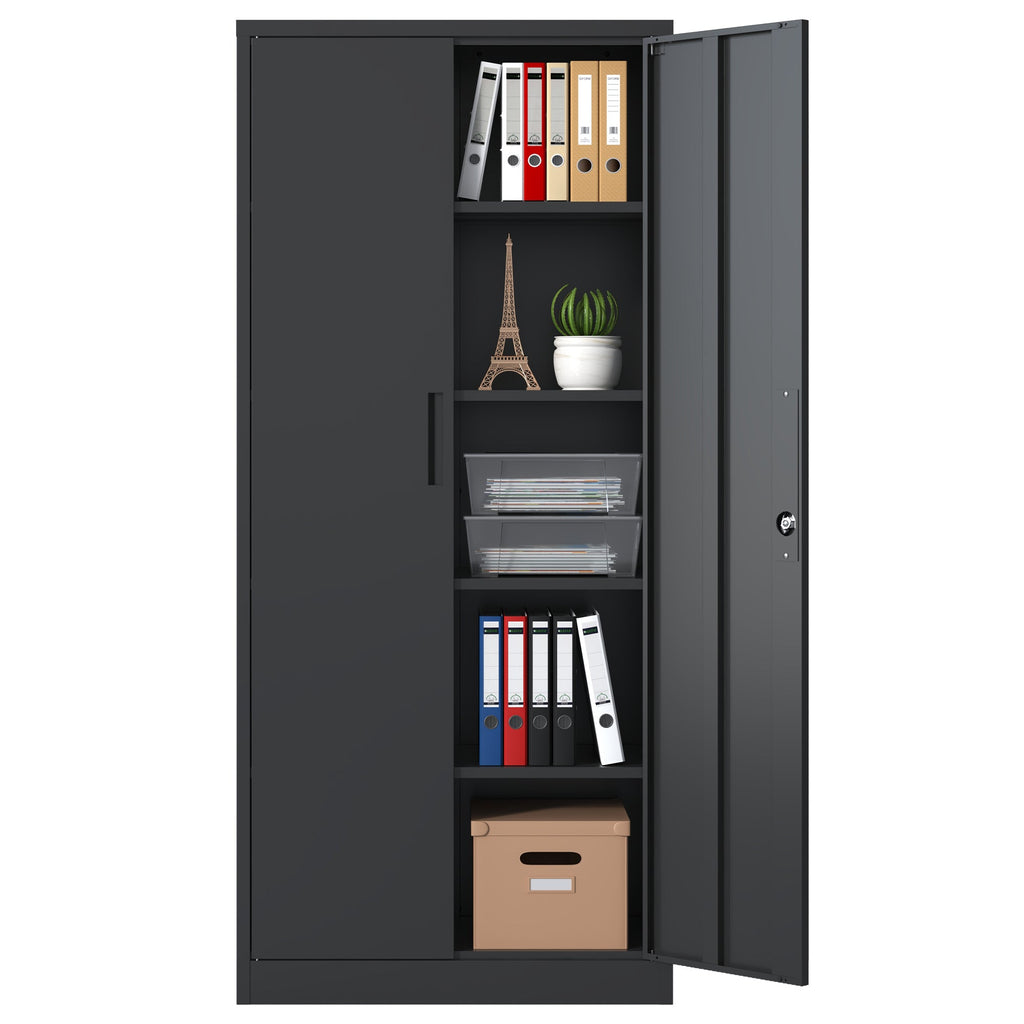 Heavy Metal 72'H Garage Storage Cabinet with Locking Doors, Black Steel, Adjustable Shelves