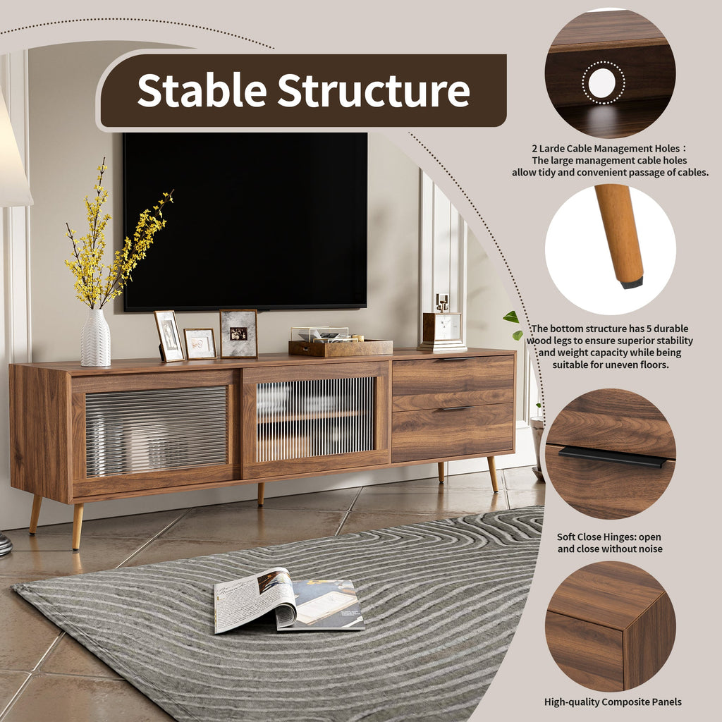 Modern TV Stand for 75'+ TV, TV Console with 2 Glass Doors, Entertainment Center with 2 Drawers & Storage Cabinet, 70' Media Console Table for Living Room, Bedroom