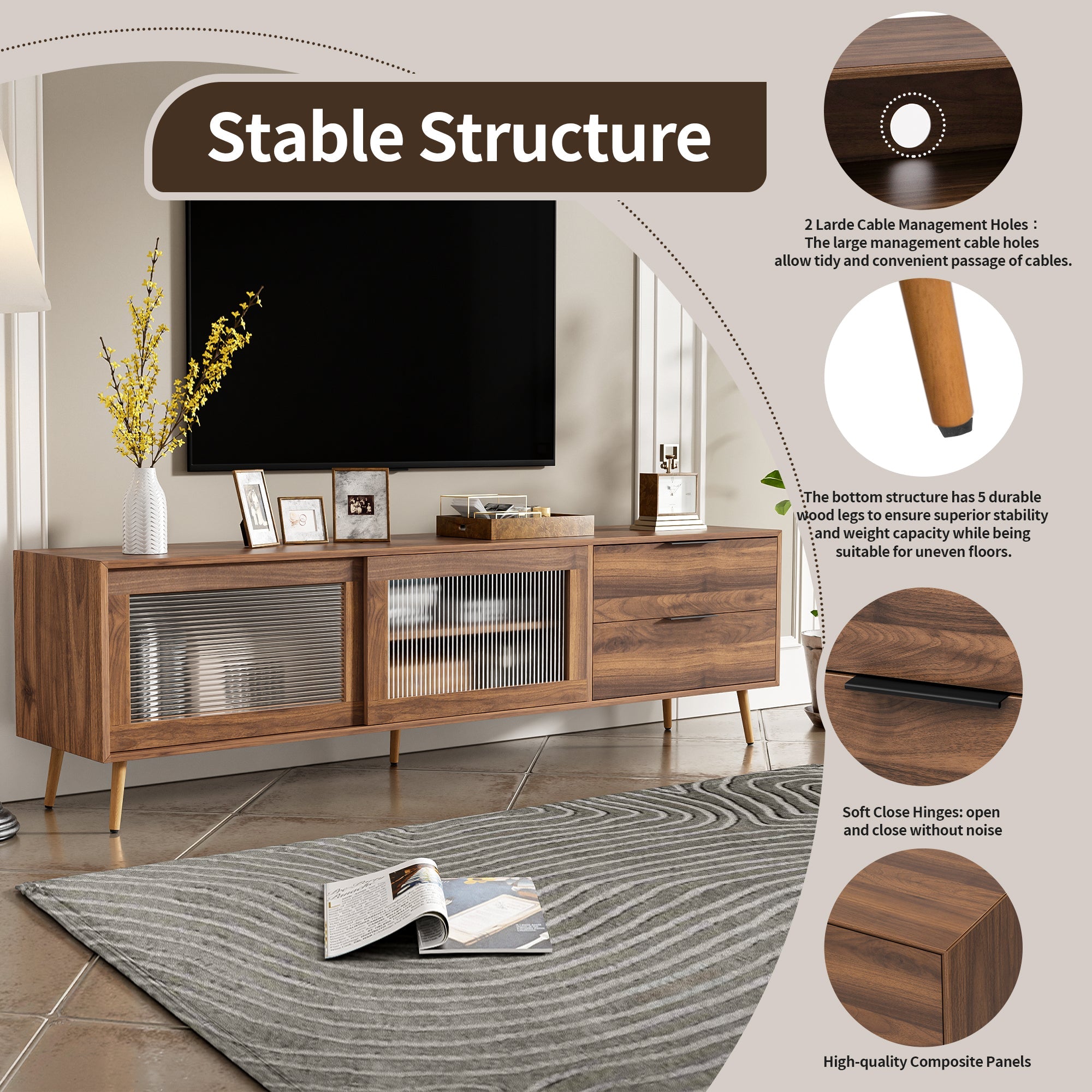 Modern TV Stand for 75'+ TV, TV Console with 2 Glass Doors, Entertainment Center with 2 Drawers & Storage Cabinet, 70' Media Console Table for Living Room, Bedroom