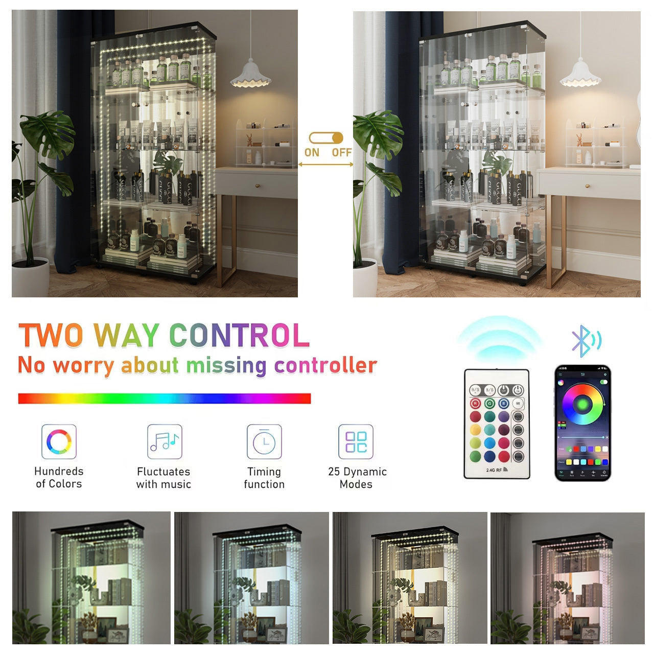 Tempered glass display cabinet,liquor cabinet, storage cabinet,file cabinet,with Bluetooth LED strip light,lock on the door,back panel is Mirror,suitable for living room,bedroom,corridor, office,black