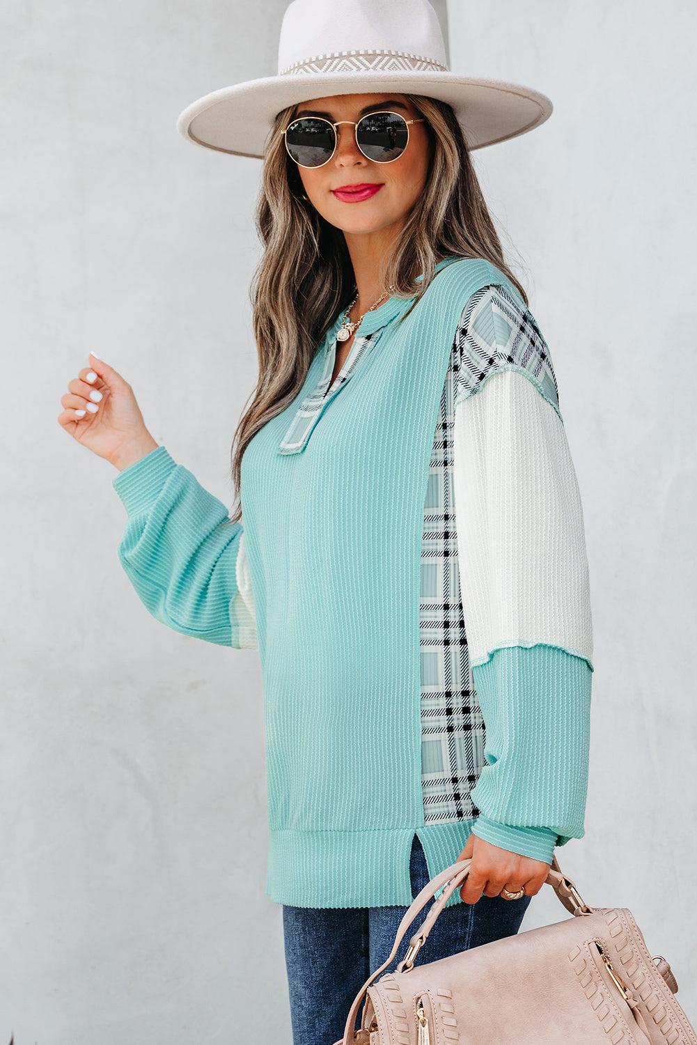 Plaid Colorblock Corded Patchwork Long Sleeve Top