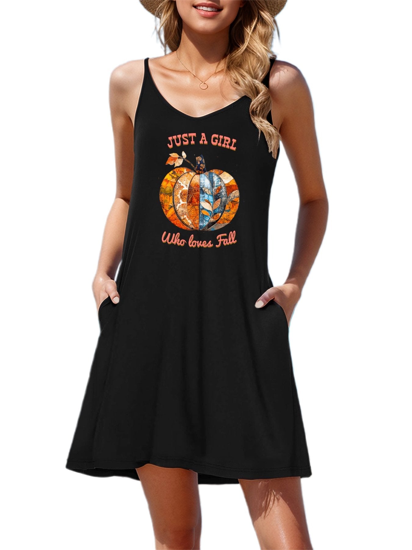 Just a Girl Who Loves Fall Pumpkins Sleeveless U-Neck Cami Dress for Women (Front Printing)