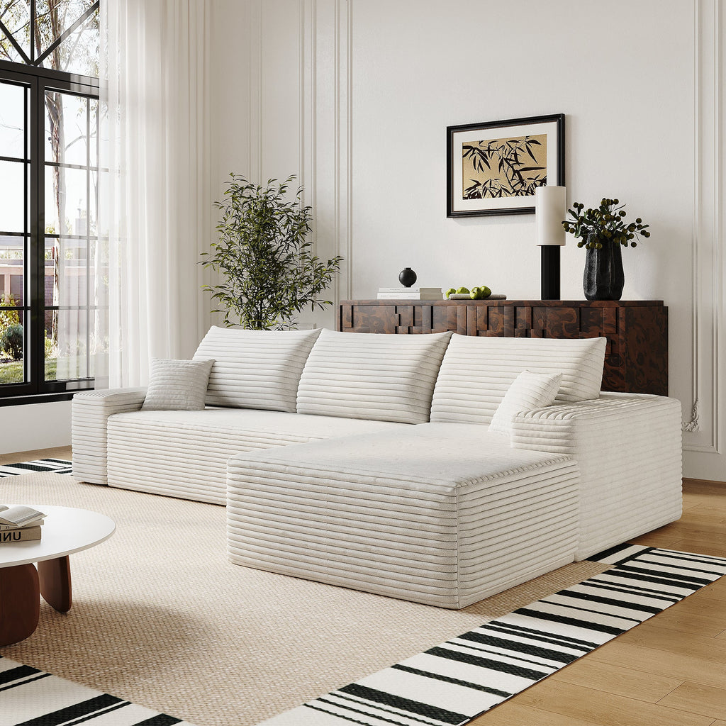 107' Cloud Sectional Couch with L-Shape Chaise,Modern Modular Sofa with Deep Seat, Upholstered Couches for Living Room Bedroom,No Assembly Required, (Plush Corduroy Fabric),White