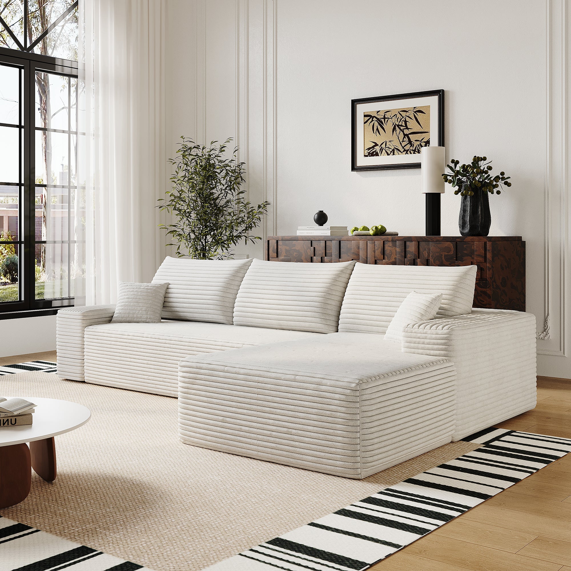 107' Cloud Sectional Couch with L-Shape Chaise,Modern Modular Sofa with Deep Seat, Upholstered Couches for Living Room Bedroom,No Assembly Required, (Plush Corduroy Fabric),White