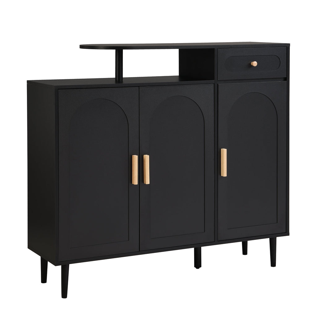 ON-TREND Elegant Shoe Cabinet with Arched Doors and Drawer, Cream Style Storage Sideboard with Adjustable Shelves and Solid Wood Legs for Entryway, Living Room, Black