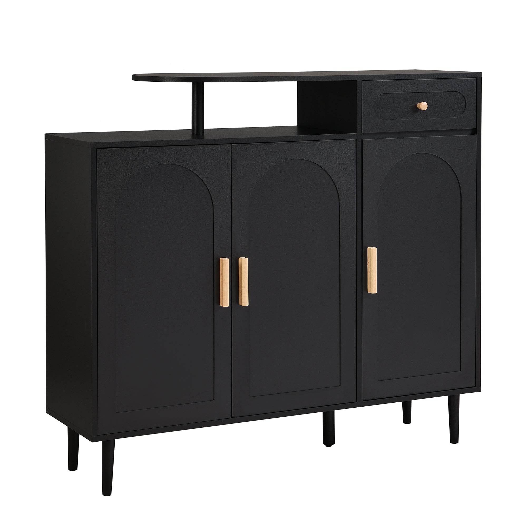 ON-TREND Elegant Shoe Cabinet with Arched Doors and Drawer, Cream Style Storage Sideboard with Adjustable Shelves and Solid Wood Legs for Entryway, Living Room, Black