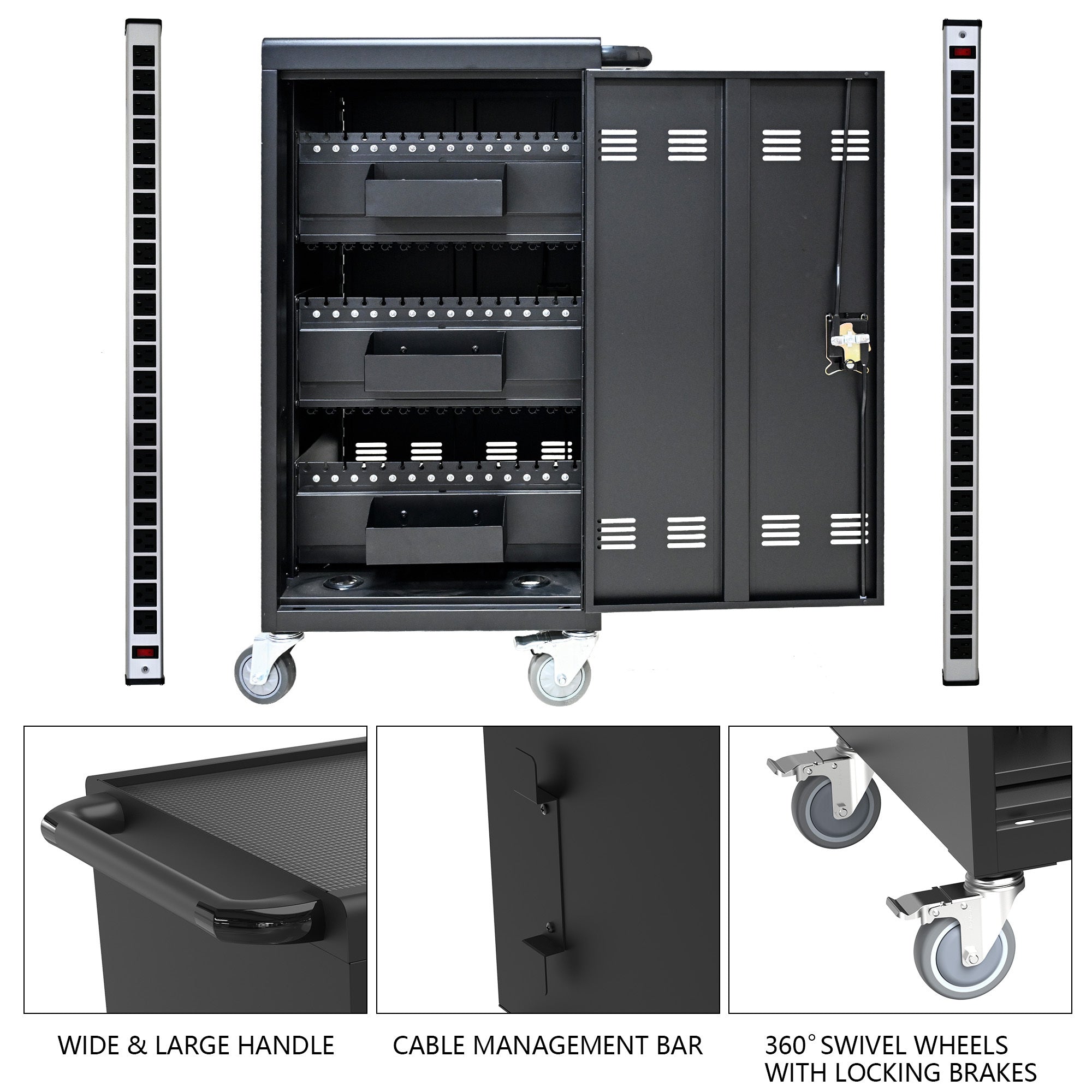 45 Bay Mobile School Charging Cart Station for Chromebook, Tablet and Laptop Computer with Power Strip Included - Black