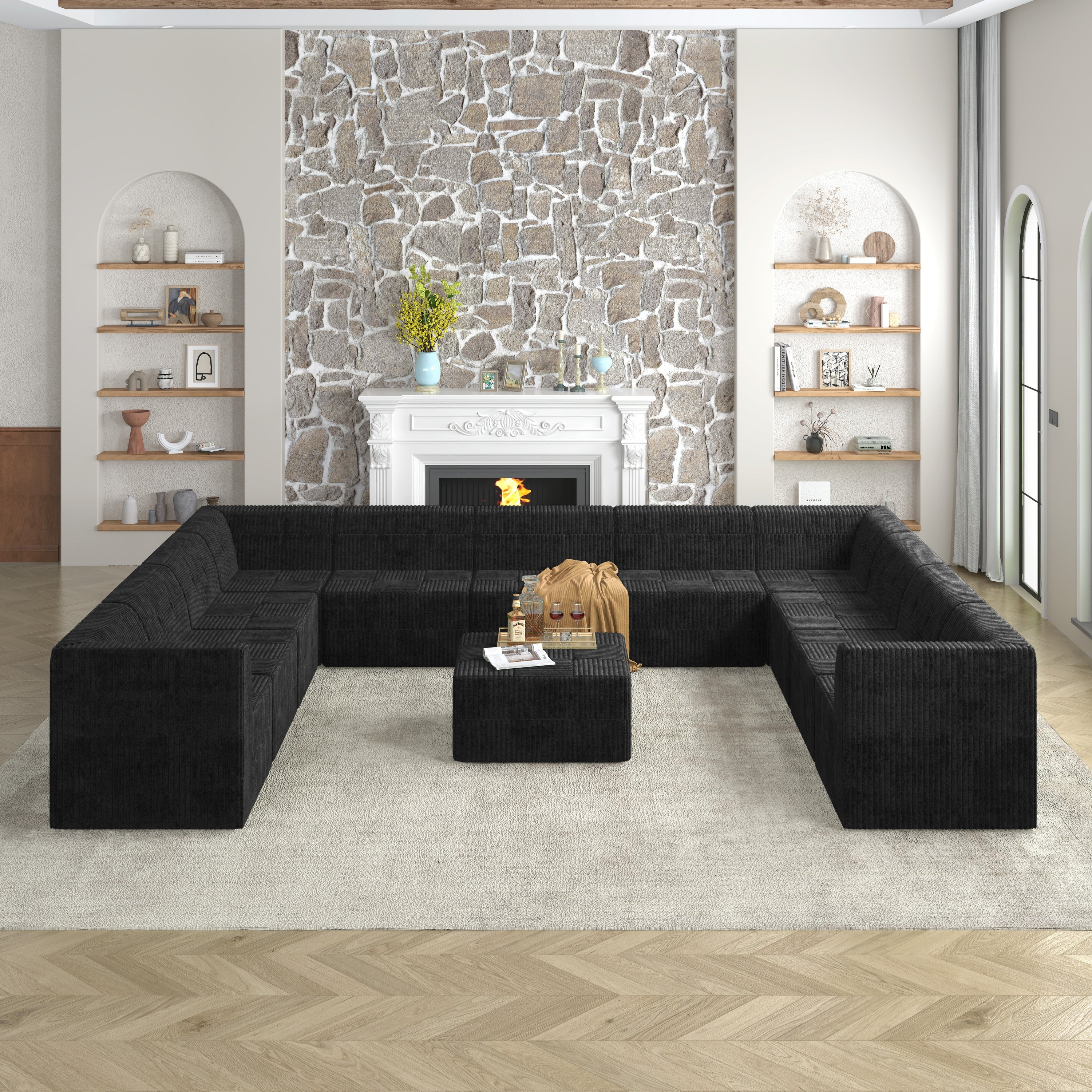 U shape Modular Sectional Sofa,DIY Compressed Sectional Sofa Modern Minimalist Style Corduroy Couch, Sleeper Sofa for Living Room, Bedroom, Comfy Compressed Sofa Couch Space-black