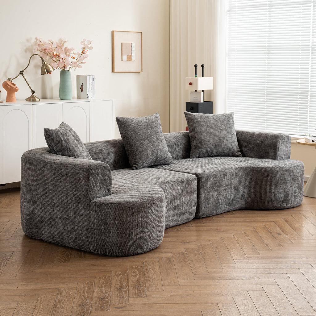 Modern Style Gray Curved Sofa, Soft Cushioned Corduroy Sofa with 3 Pillows, Living Room Cream White Super Smooth Curved Fabric Sofa