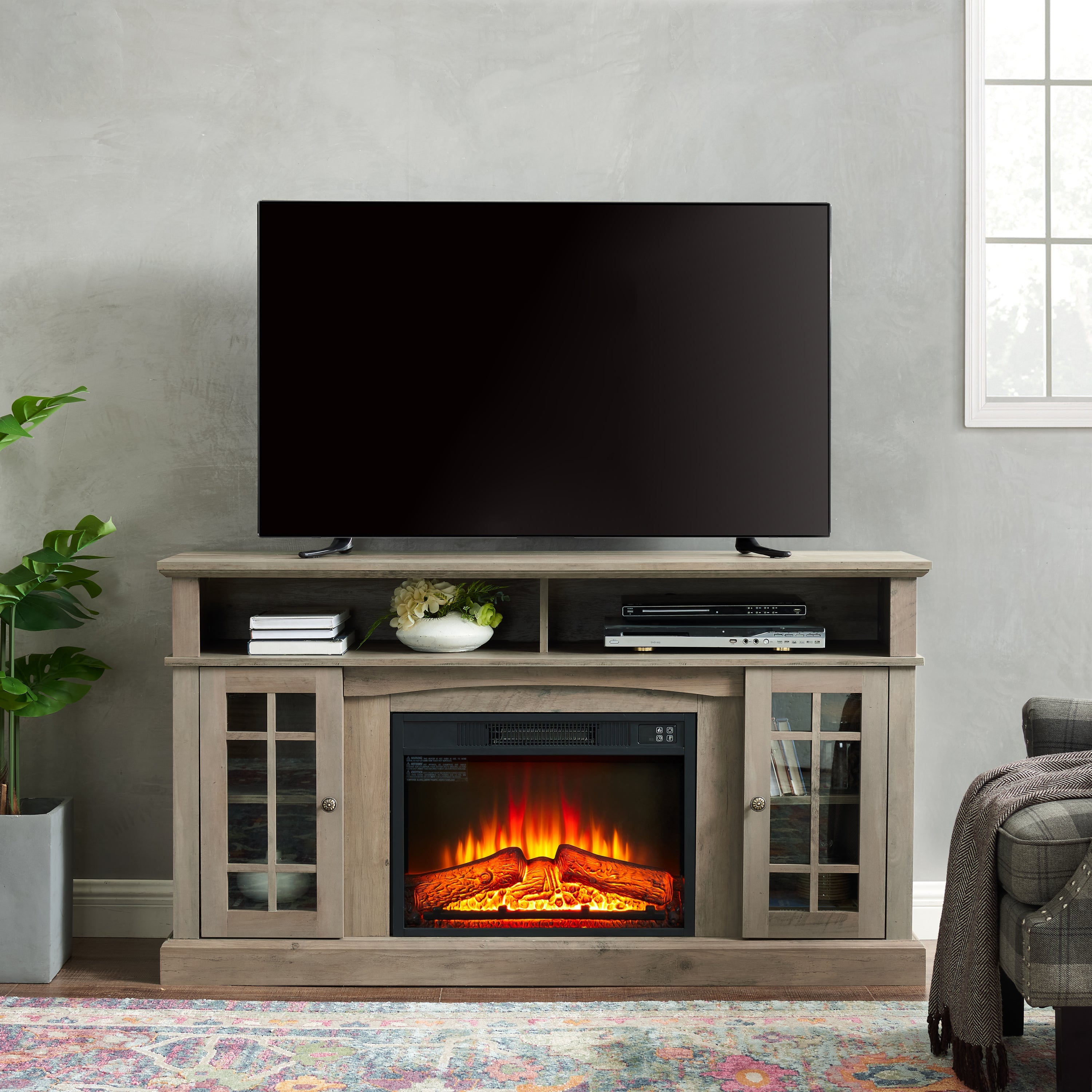 Classic TV Media Stand Modern Entertainment Console with 23' Fireplace Inset for TV Up to 65' with Open and Closed Storage Space, Gray Wash, 58.25'W*15.75'D*32'H