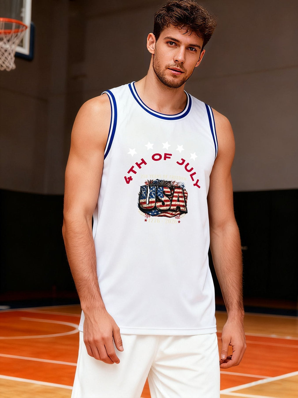 4th of July Adult White with Blue Trim Basketball Uniform | Ships From USA
