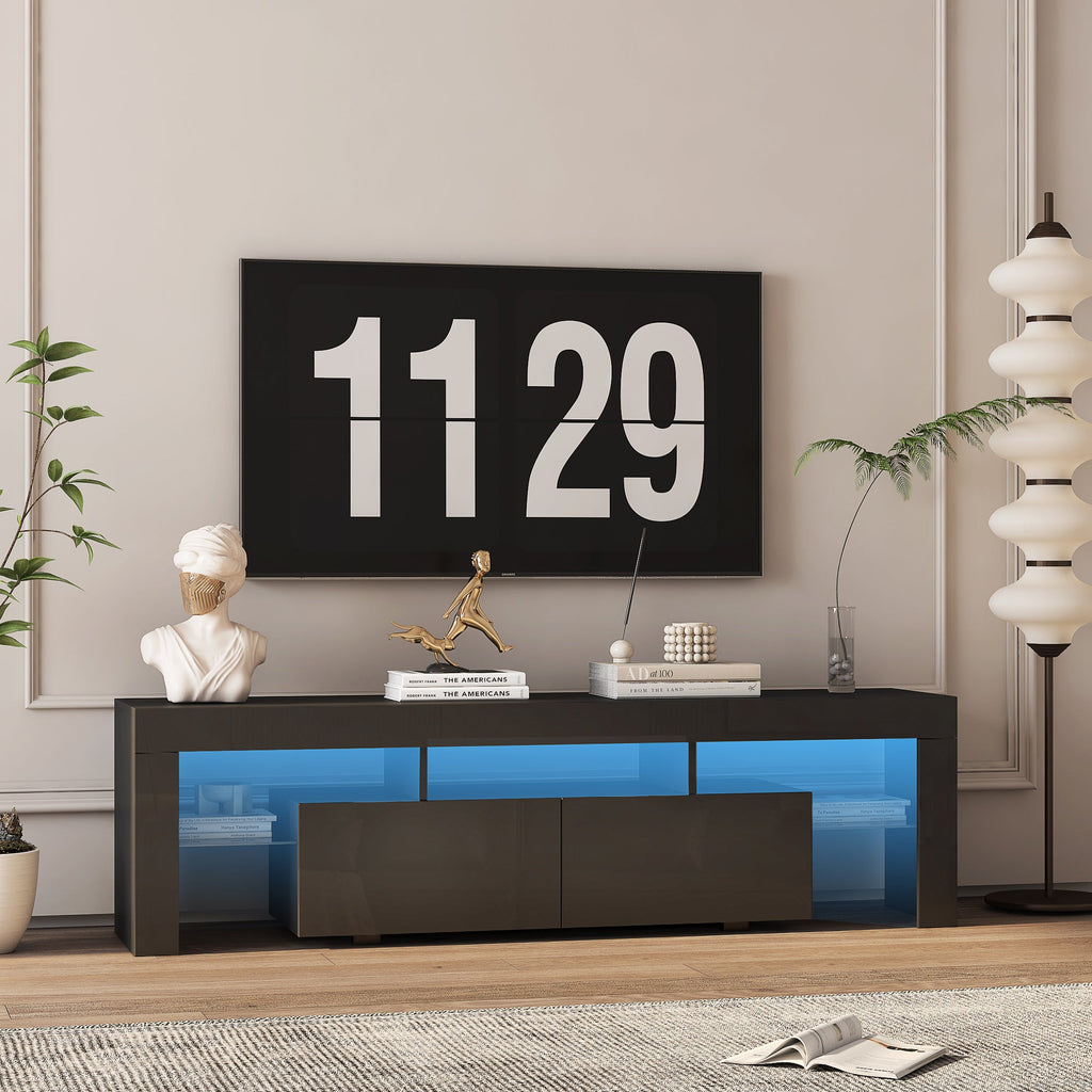 High gloss TV Stand with LED Lights for TVs up to 65'', Modern TV Console with Storage Cabinets for Living Room,Black
