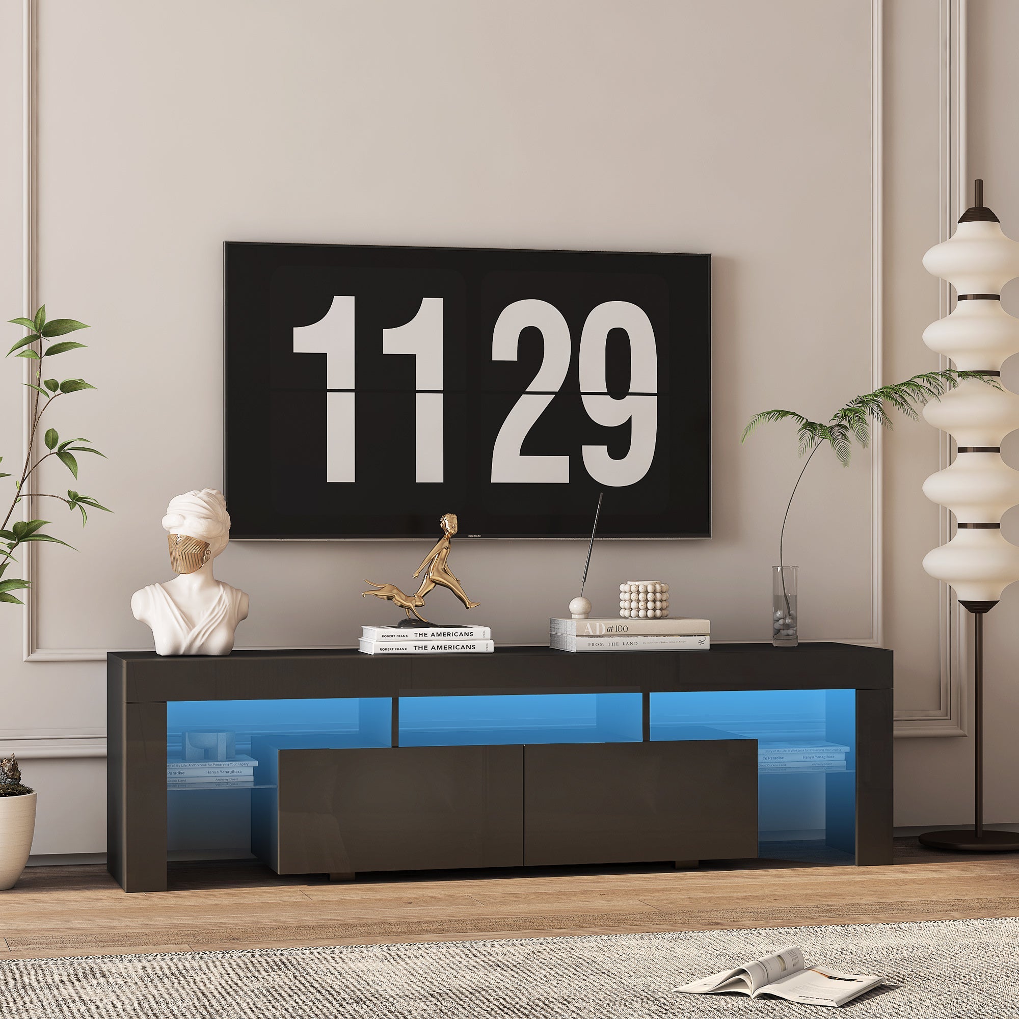High gloss TV Stand with LED Lights for TVs up to 65'', Modern TV Console with Storage Cabinets for Living Room,Black