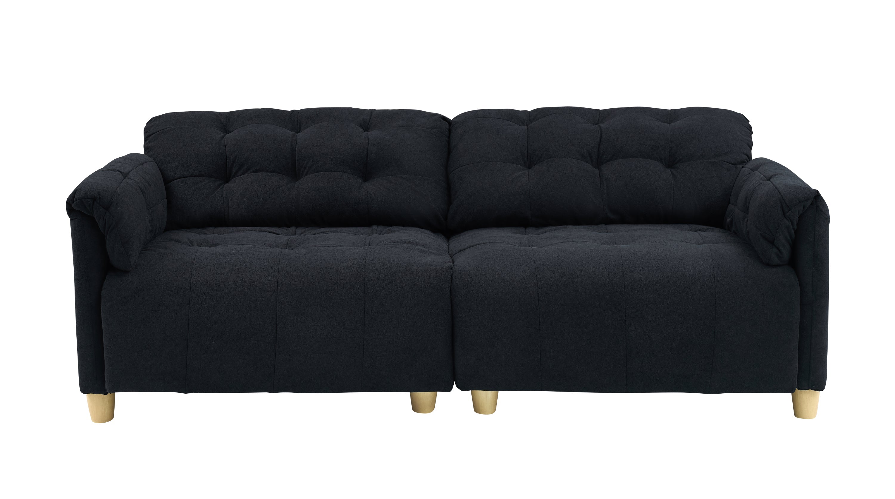 French retro cloud fabric double-seat creamy style straight-line sofa for the living room.