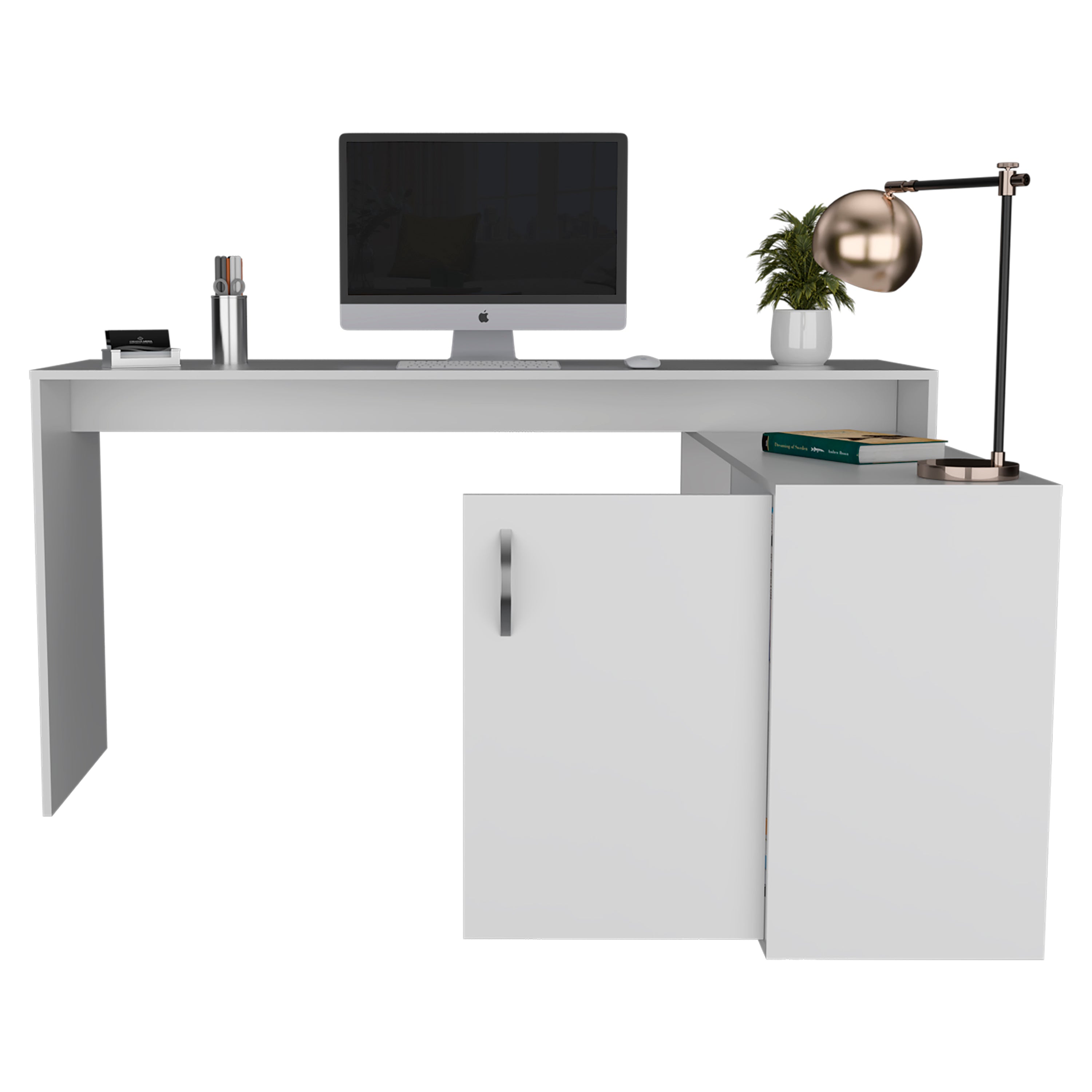 Dallas L-Shaped Home Office Desk, Two Shelves, Single Door Cabinet