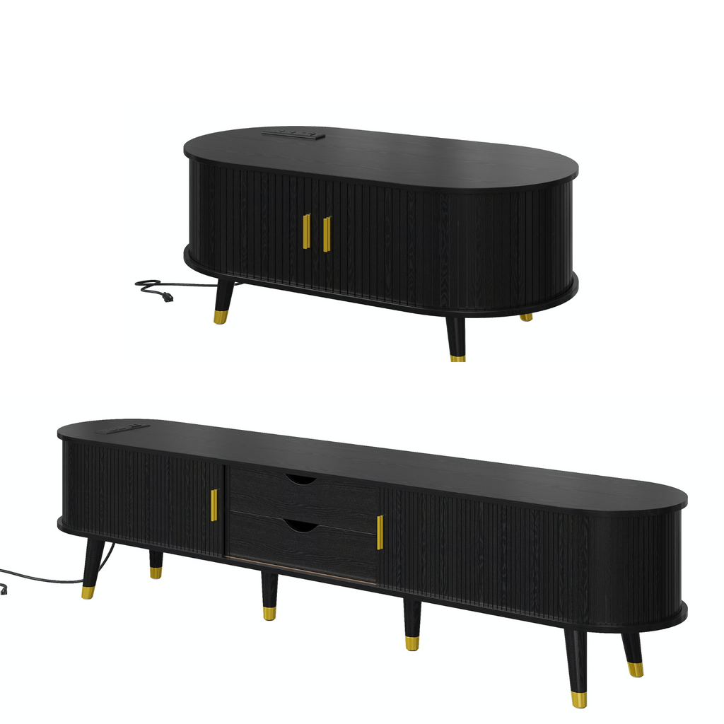 Wooden Farmhouse TV Stand & Coffee Table Set with Charging Station, Oval Fluted Media Console with Sliding Doors for TVs up to 80', Mid-Century Center Table with Solid Wood Legs for Living Room,Black