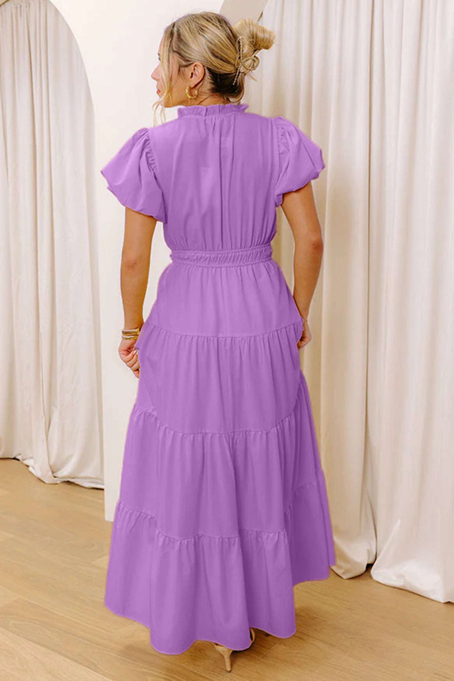 Solid V-Neck Short Puff Sleeve Tiered Maxi Dress