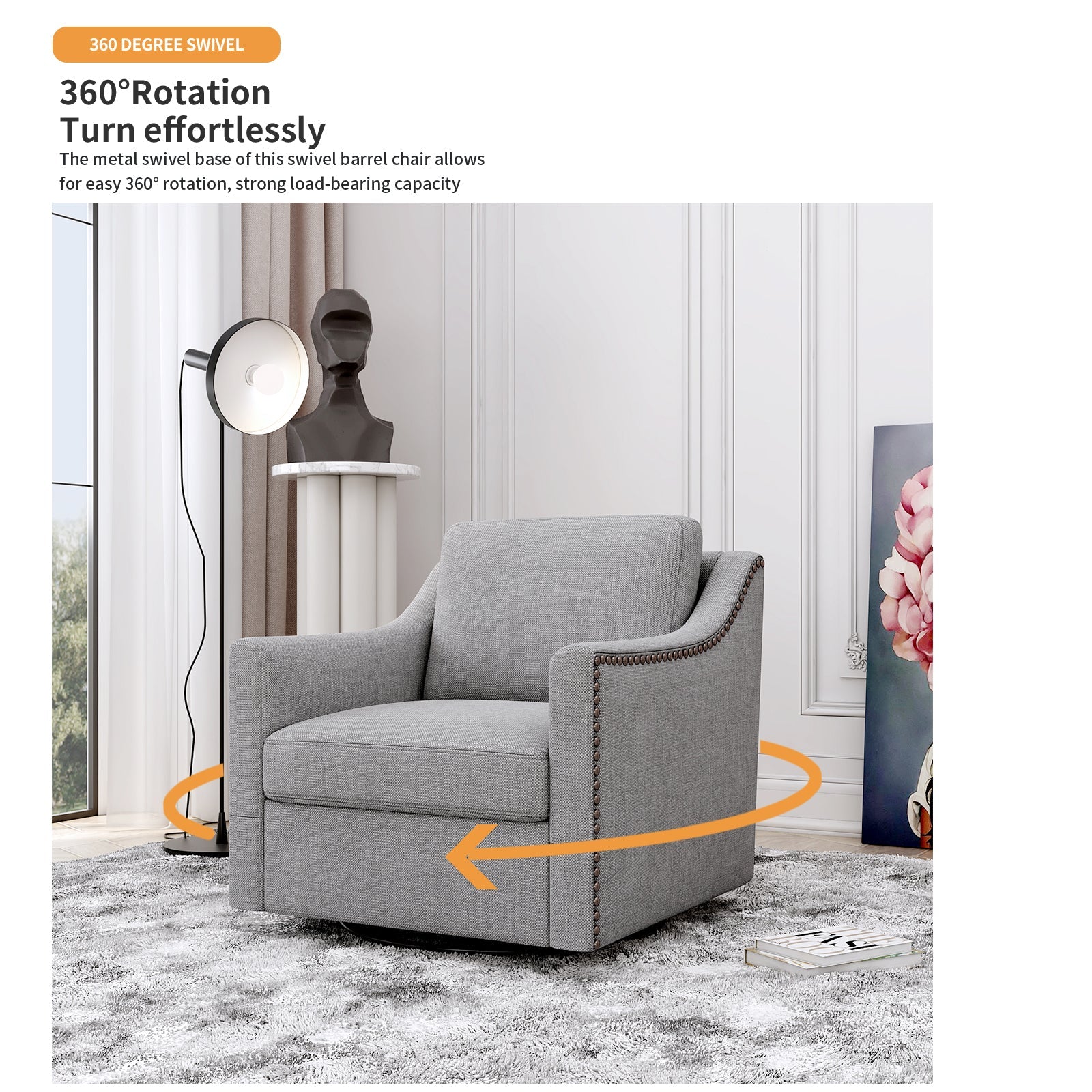 360 Degree Swivel Armchair Cotton linen skin-friendly fabric Ergonomic design Brass nail decorative armchair Living room chairs Bedroom chairs Living room chairs Black legs Suitable for indoor homes
