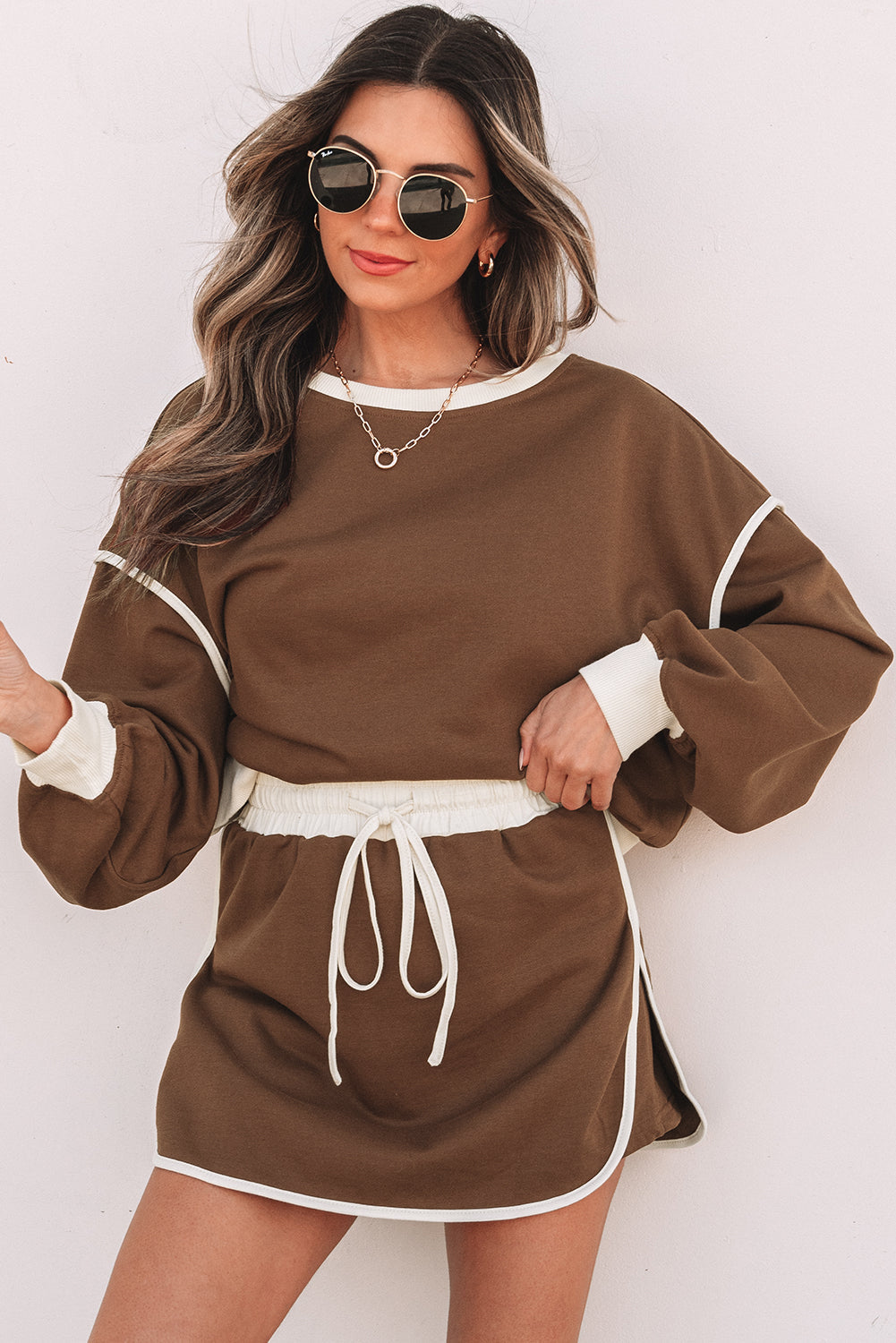 Colorblock Long Sleeve Top and Skort Set