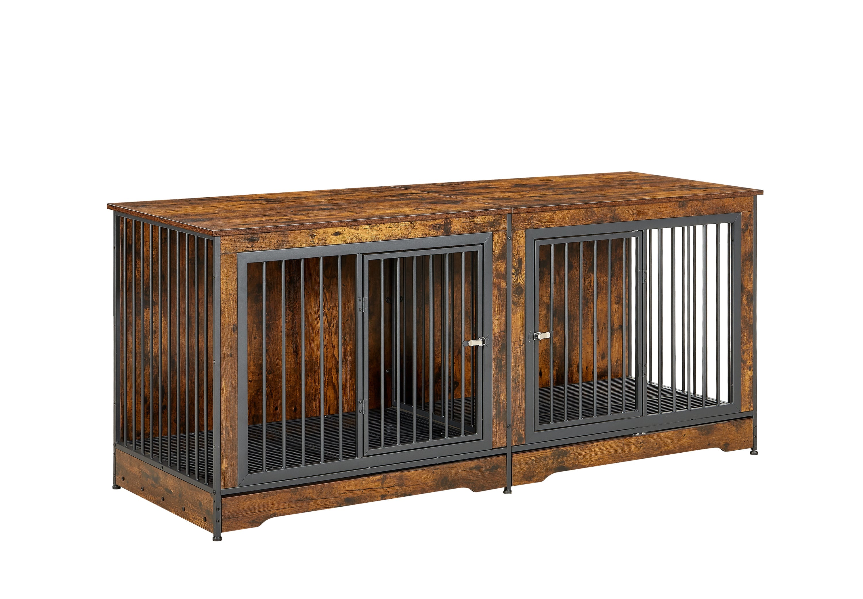 Super large dog crate furniture for two dogs with tray, TV stand. Rustic Brown, 75'' W x 26.4'' D x 32.3'' H.