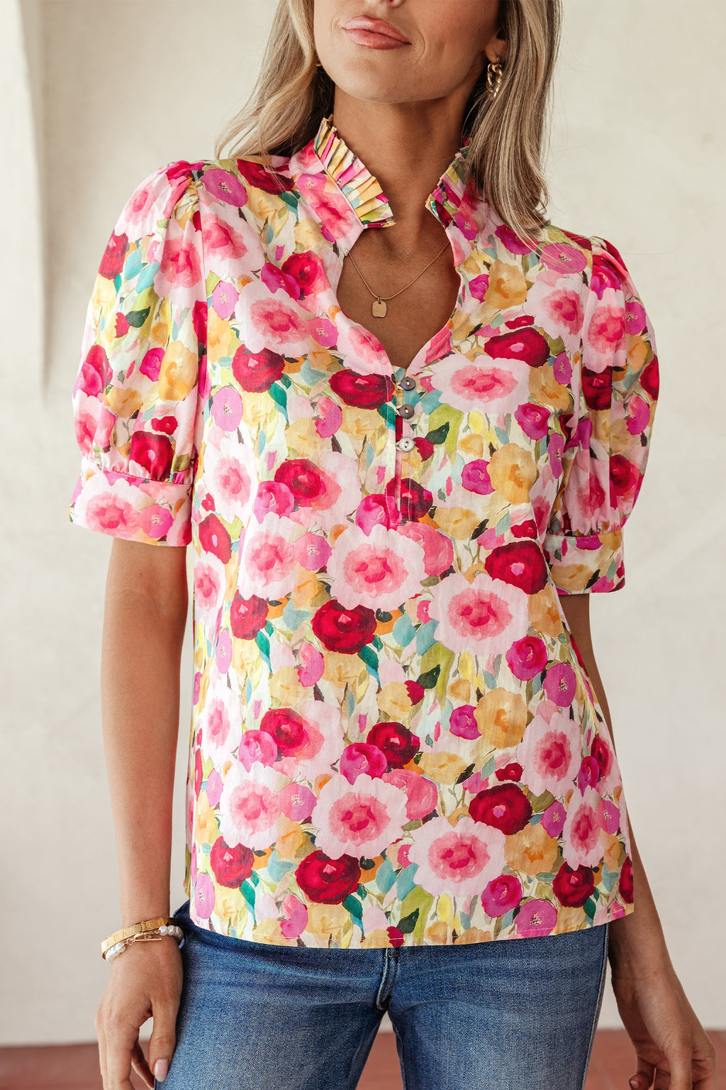 Floral Frilled V-Neck Short Puff Sleeve Blouse