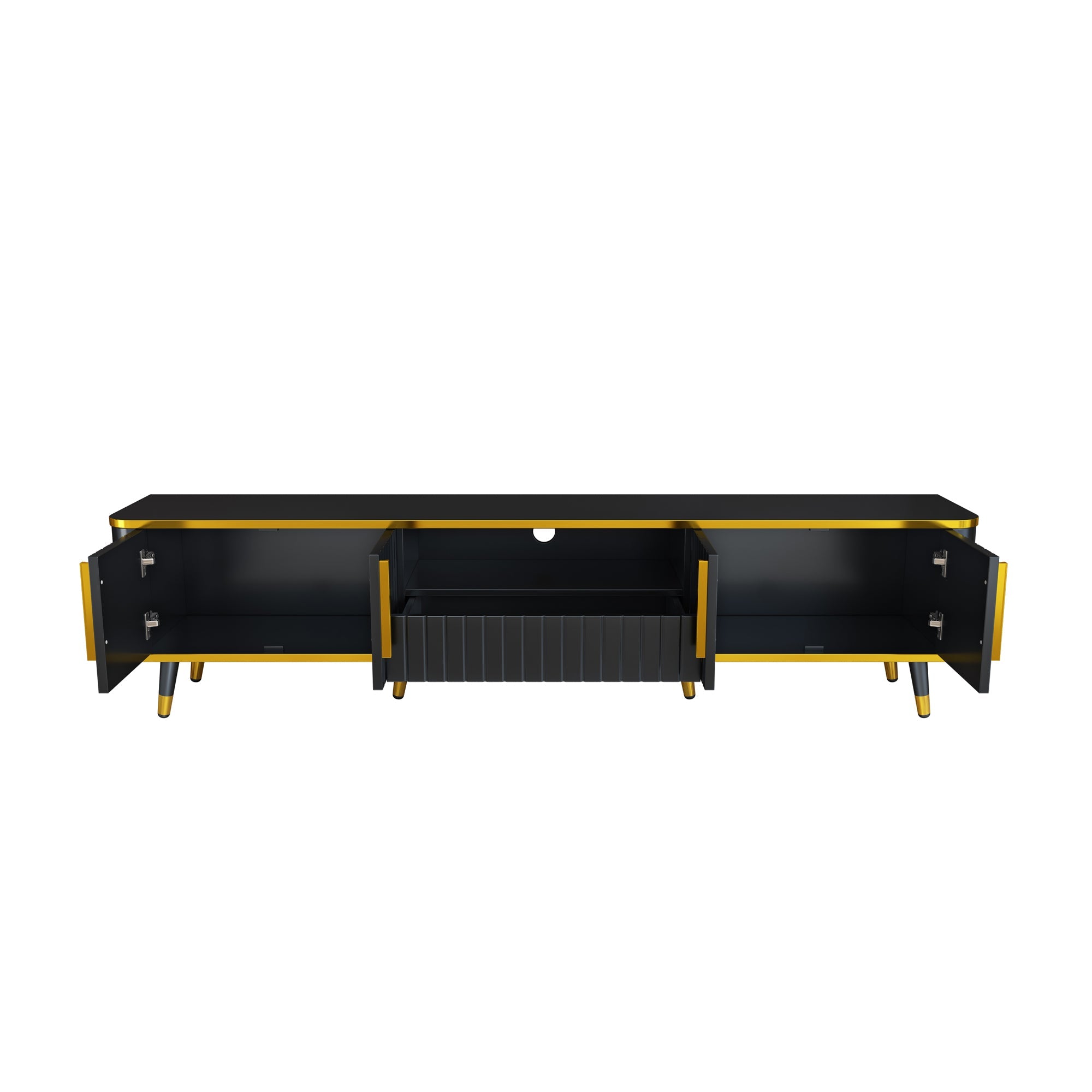 ON-TREND Luxury Minimalism TV Stand with Open Storage Shelf for TVs Up to 85', Entertainment Center with Cabinets and Drawers, Practical Media Console with Unique Legs for Living Room, Black