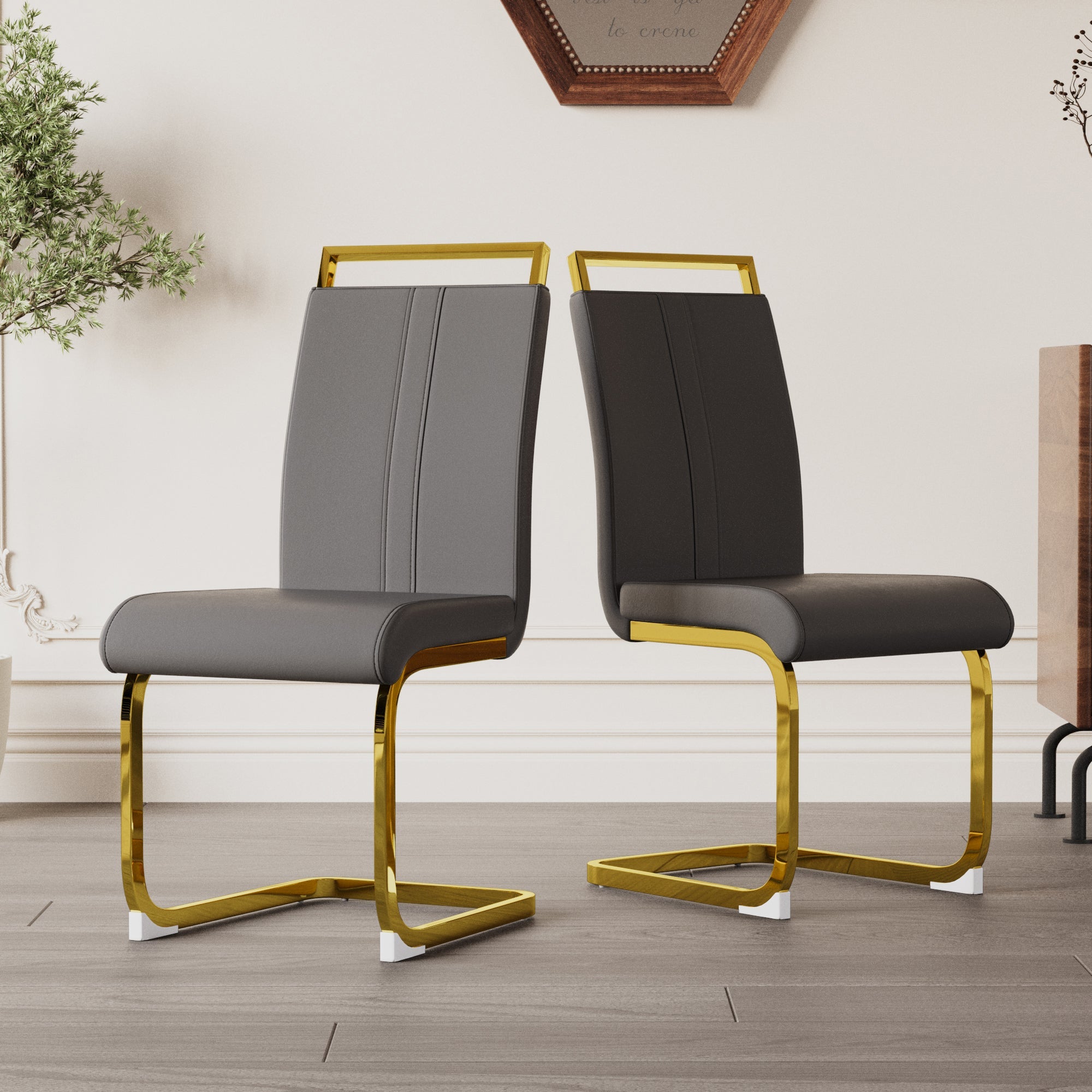 Dining Chairs Set of 4, Side & Kitchen Chairs with Gold Frame, Faux Leather Padded Seat High Back, for Dining, Kitchen & Living Room - Dark Grey