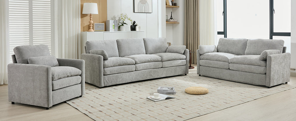 Cozy Upholstered Sofa Set with Double Cushion Design, Light Grey Chenille Fabric, Modern Living Room Couch