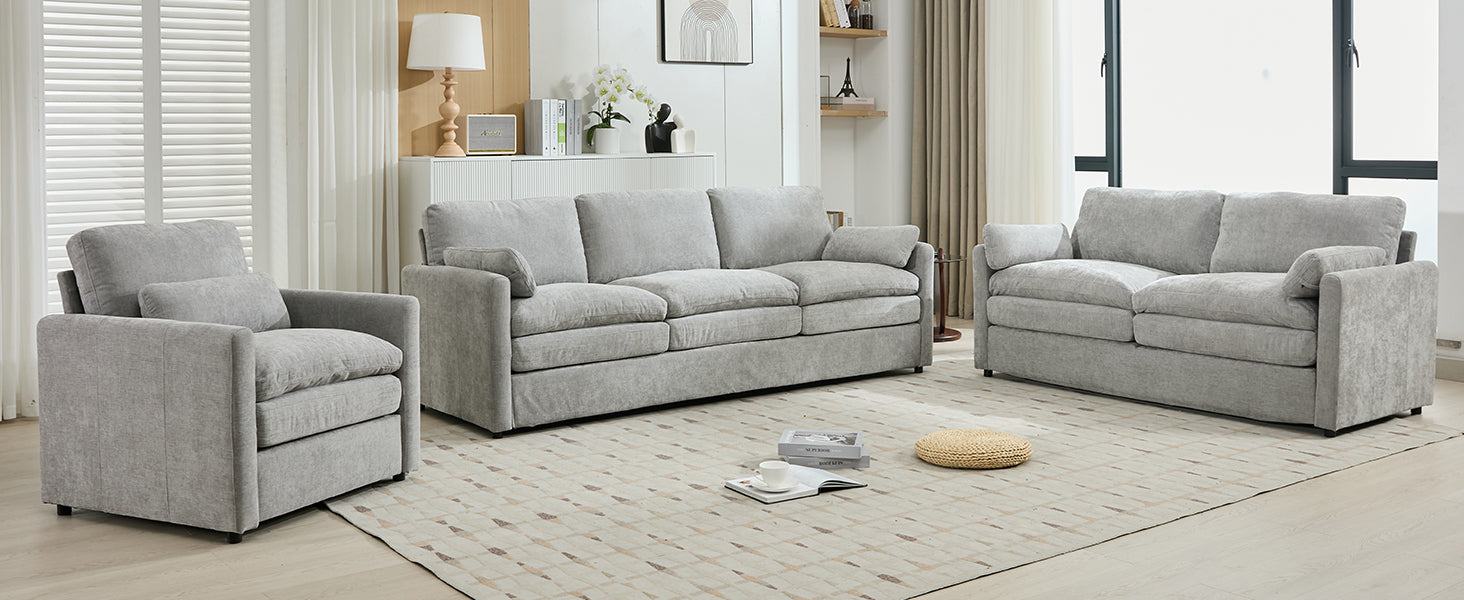 Cozy Upholstered Sofa Set with Double Cushion Design, Light Grey Chenille Fabric, Modern Living Room Couch