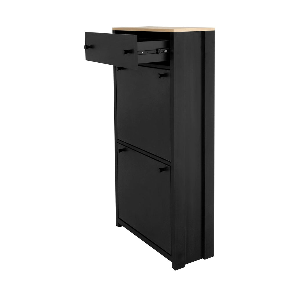 ON-TREND Functional Entryway Organizer with 2 Flip Drawers, Wood Grain Pattern Top Shoe Cabinet with Drawer, Free Standing Shoe Rack with Adjustable Panel for Hallway, Black