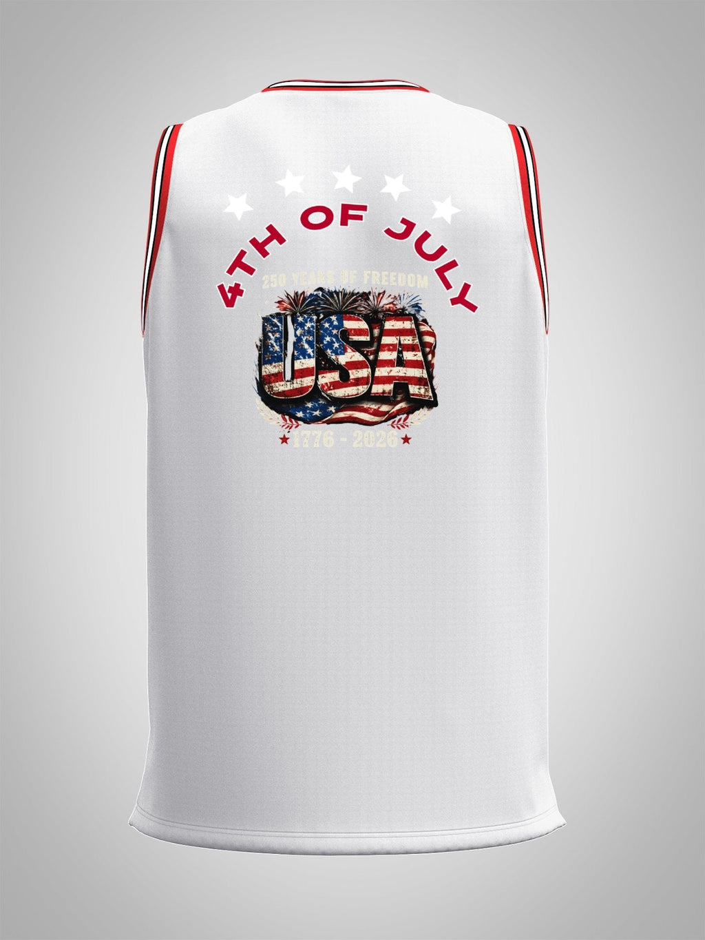 4th of July Adult White with Red Trim Basketball Uniform Top | Ships From USA