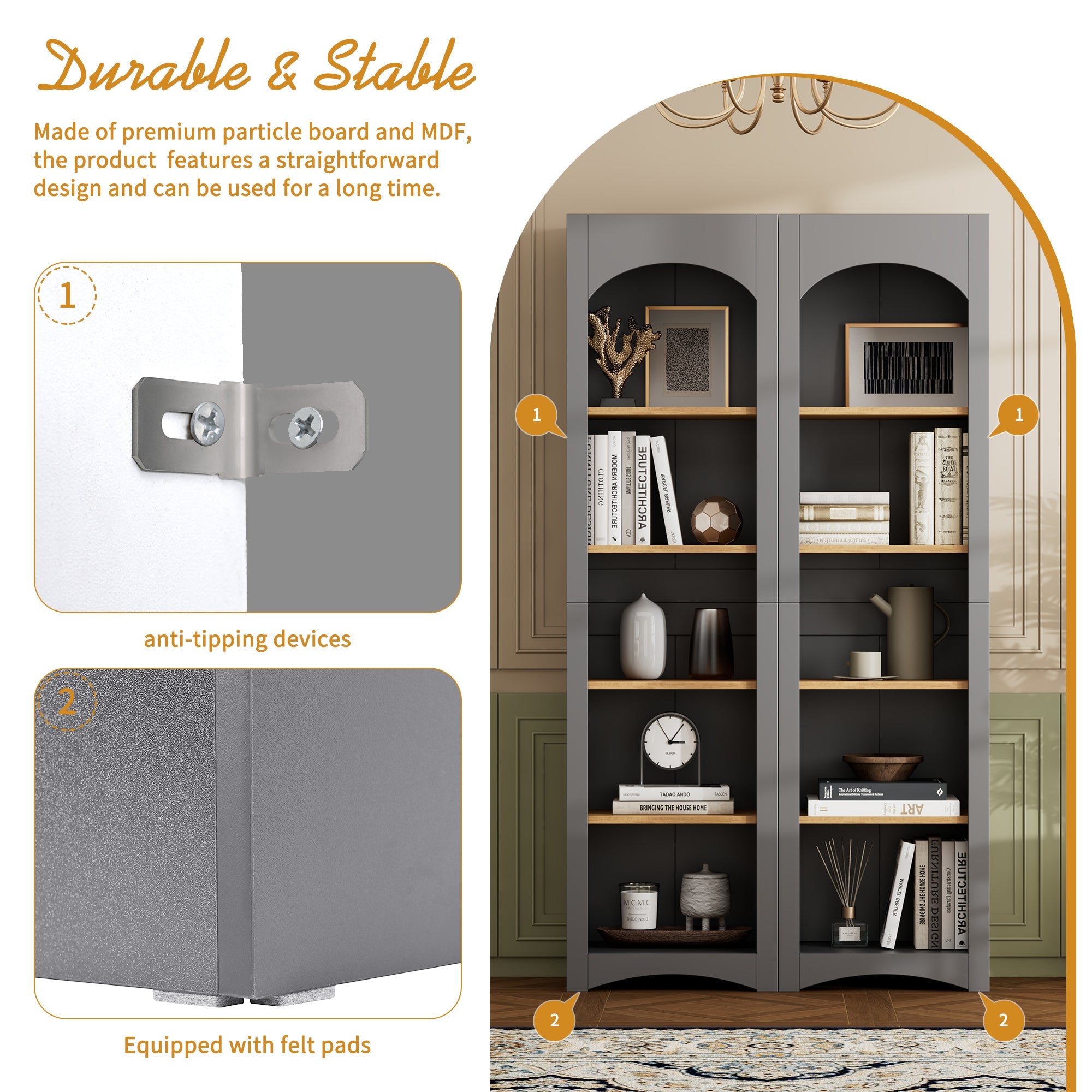 ON-TREND Free Standing 5 Tier Bookshelves, Bookcases Set of 2, Farmhouse Two-Tone Storage Cabinet with Adjustable Shelves, Modern 72'H Kitchen Pantry Cabinet for Living Room, Home Office, Grey