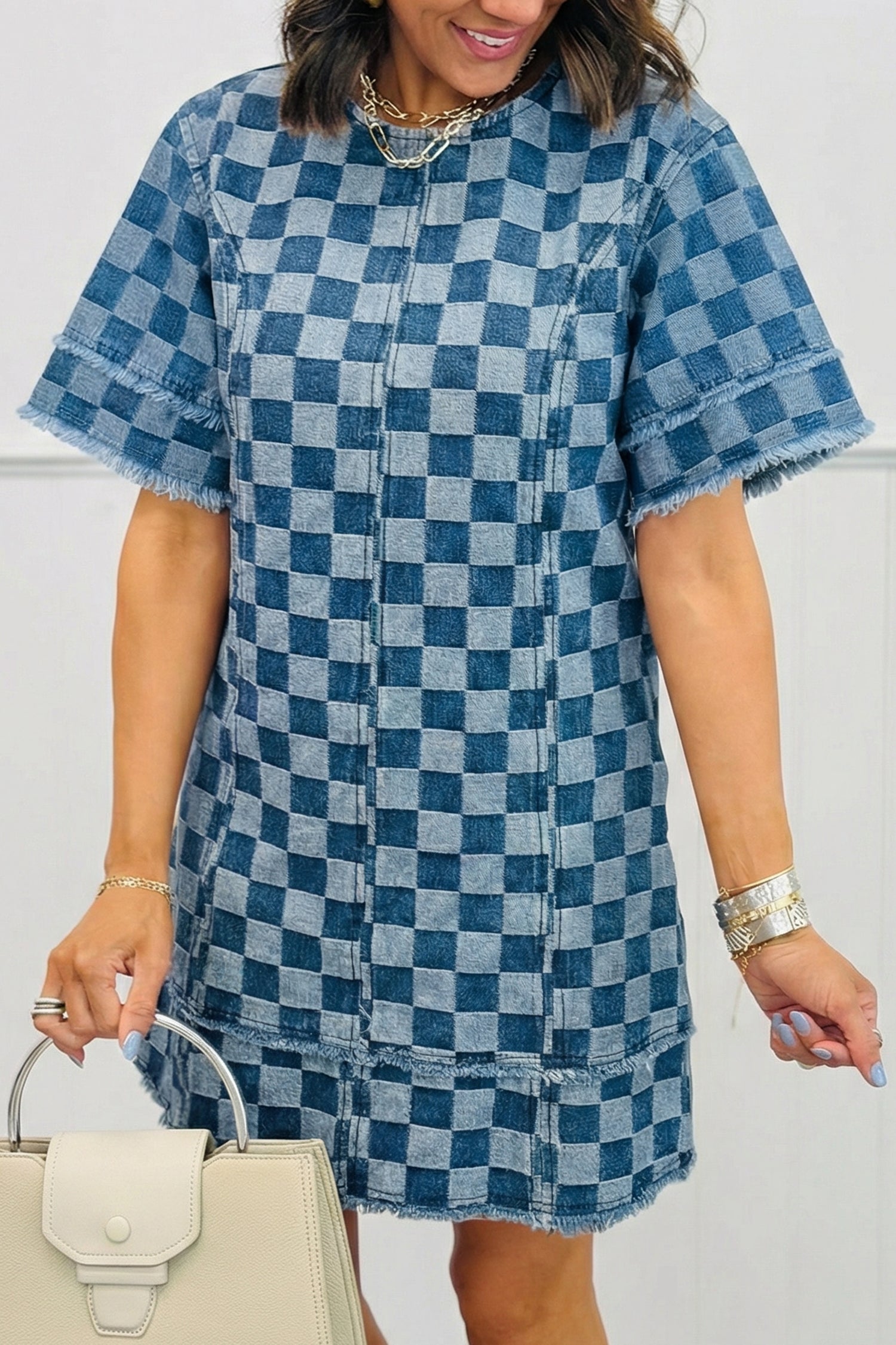 Checker Denim Frayed Hem Mini Dress