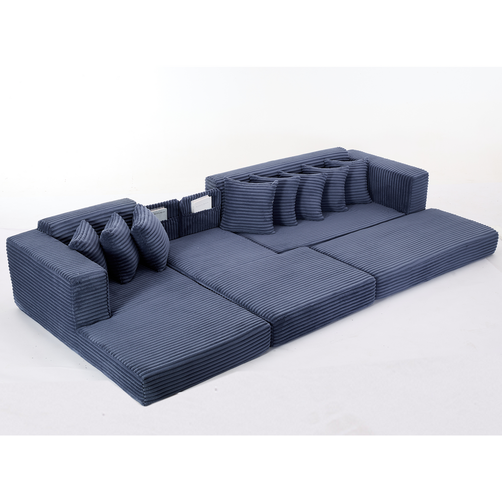 [NEW ARRIVED] [VIDEO PROVIDED]   Oversize Cloud Couch, L-Shape Sofa, Convertible Floor Sleeper Sofa Bed,  No Assembly ,Eight  pillows,3-in-1,Side Pocket,(Left Facing Sofa),3 Seat,Corduroy,Blue
