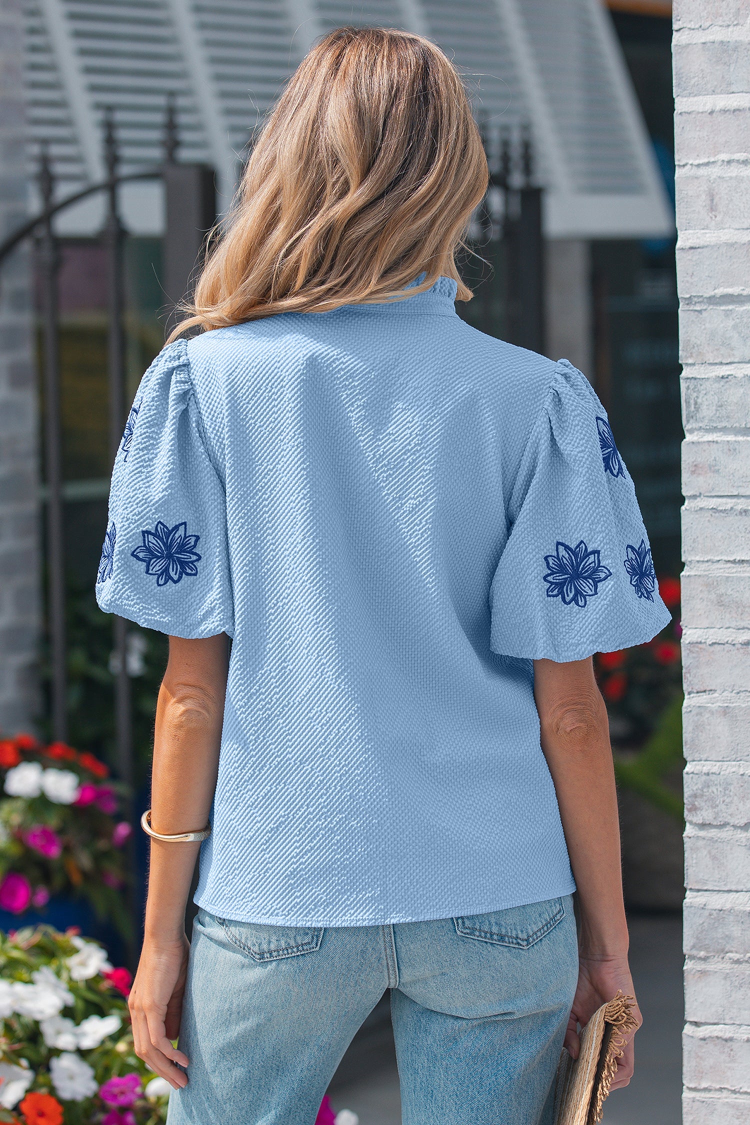 Flower Embroidered Puff Sleeve Split Neck Blouse