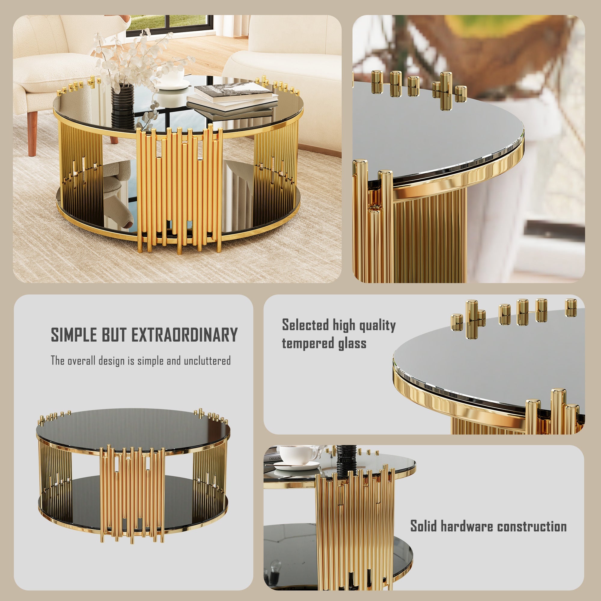 Modern minimalist light luxury style stainless steel circular coffee table, black tempered glass countertop, living room coffee table