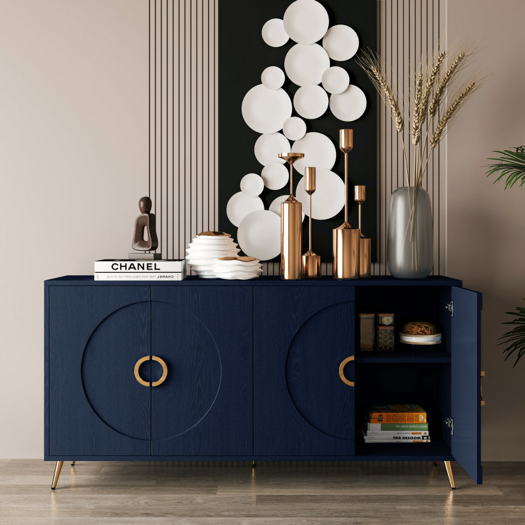 Modern Lacquered 4 Door Wooden Cabinet Sideboard Buffet Server Cabinet Storage Cabinet, for Living Room, Entryway, Hallway, Office, Kitchen and Dining Room, Navy Blue