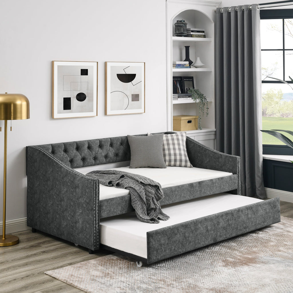 Twin Size Daybed with Twin Size Trundle Upholstered Tufted Sofa Bed, with Button on Back and Copper Nail on Waved Shape Arms, Grey (80.5'x41'x30.5')
