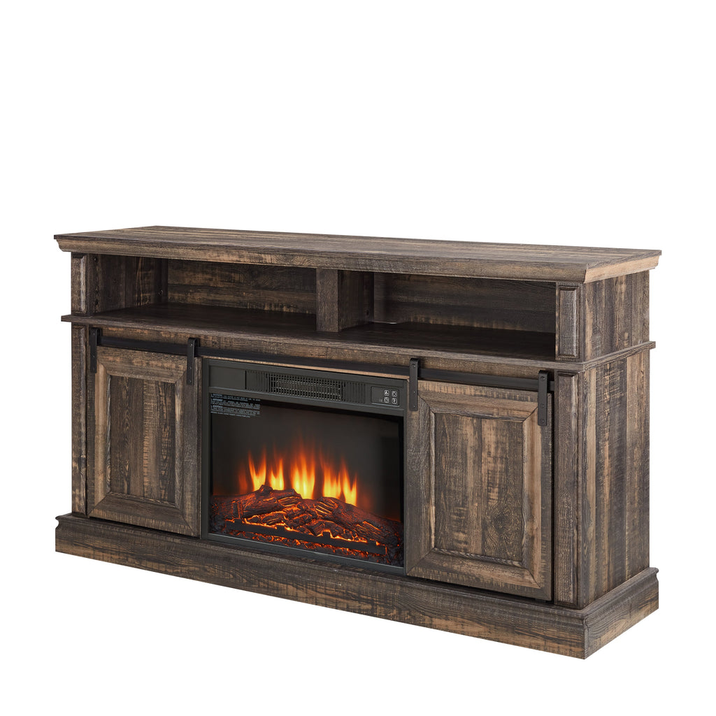 Modern Entertainment Console TV Stand with 23' Fireplace Insert, Multipurpose Sliding Door TV Cabinet Large Storage Space, 58.11'W*15.79'D*32.36'H Antique brown